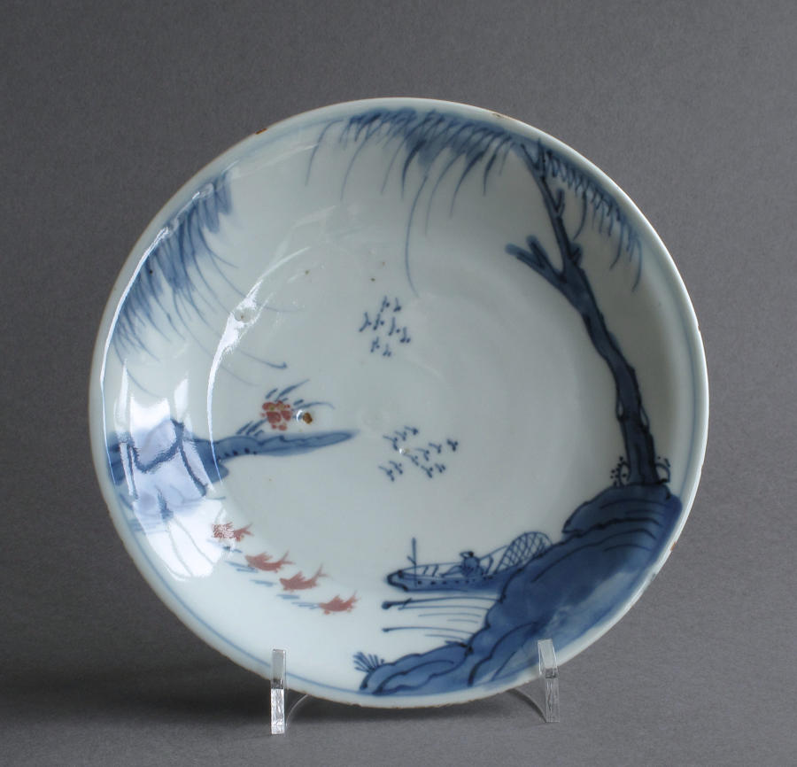 Chinese late Ming dish with underglaze blue & red