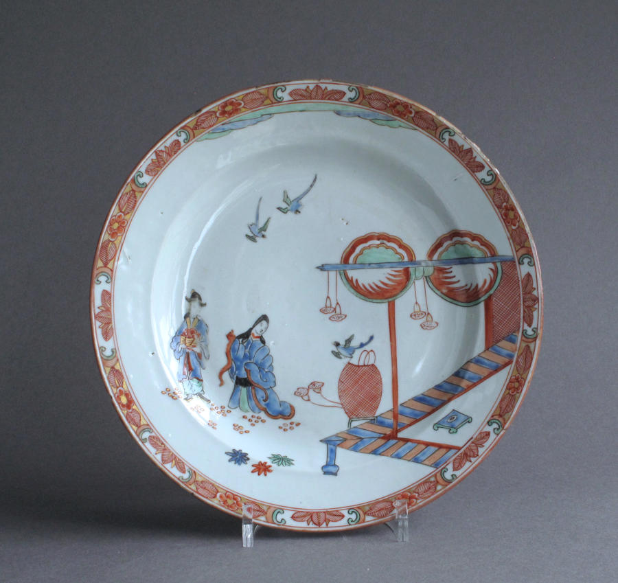 A Dutch-decorated Chinese plate with Japanese scene c1720