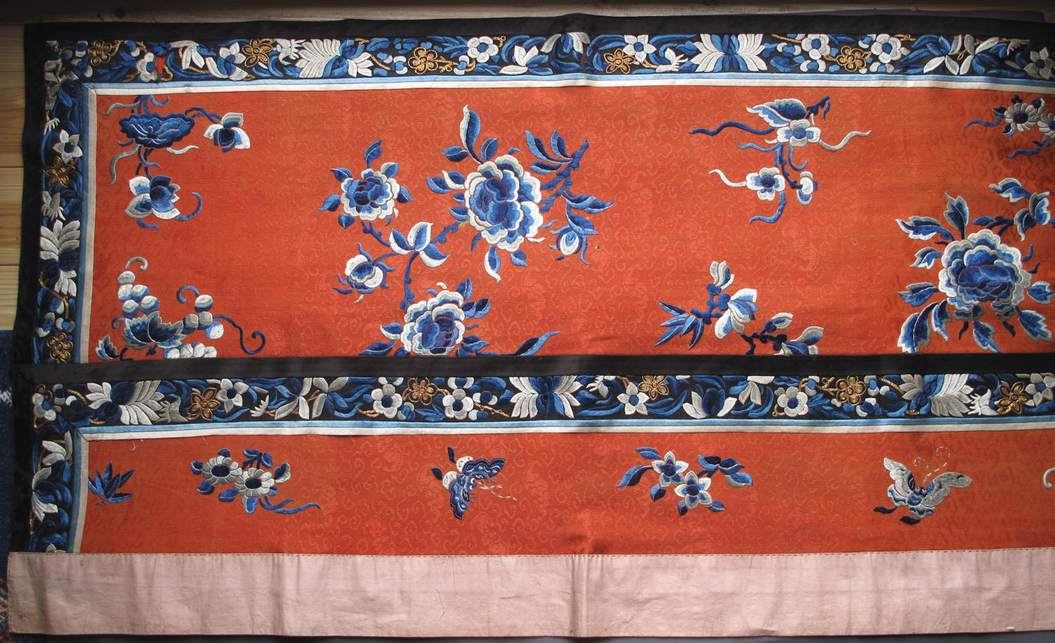 A Chinese late C19th silk altar cloth or bed hanging