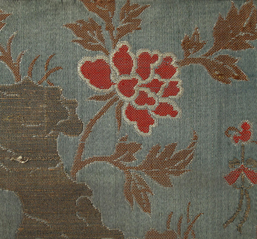 A mounted Chinese C18th silk square with paeony and rock work