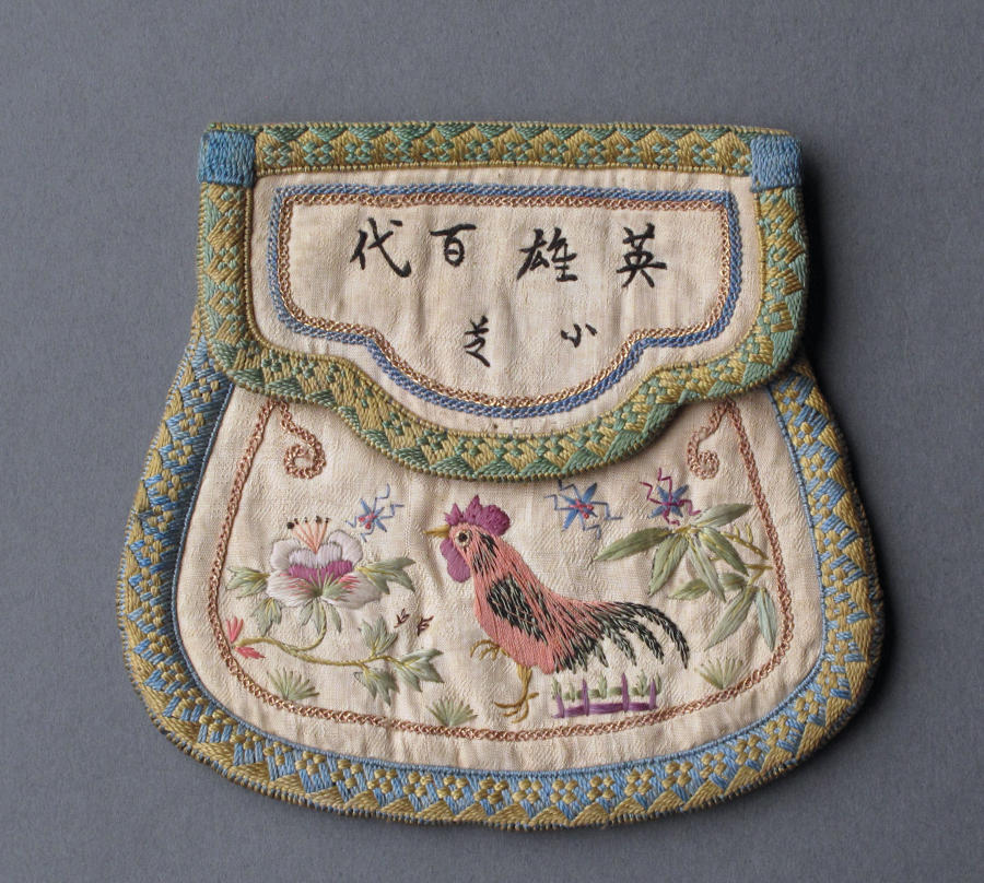 A Chinese silk purse with cockerel decoration c1900