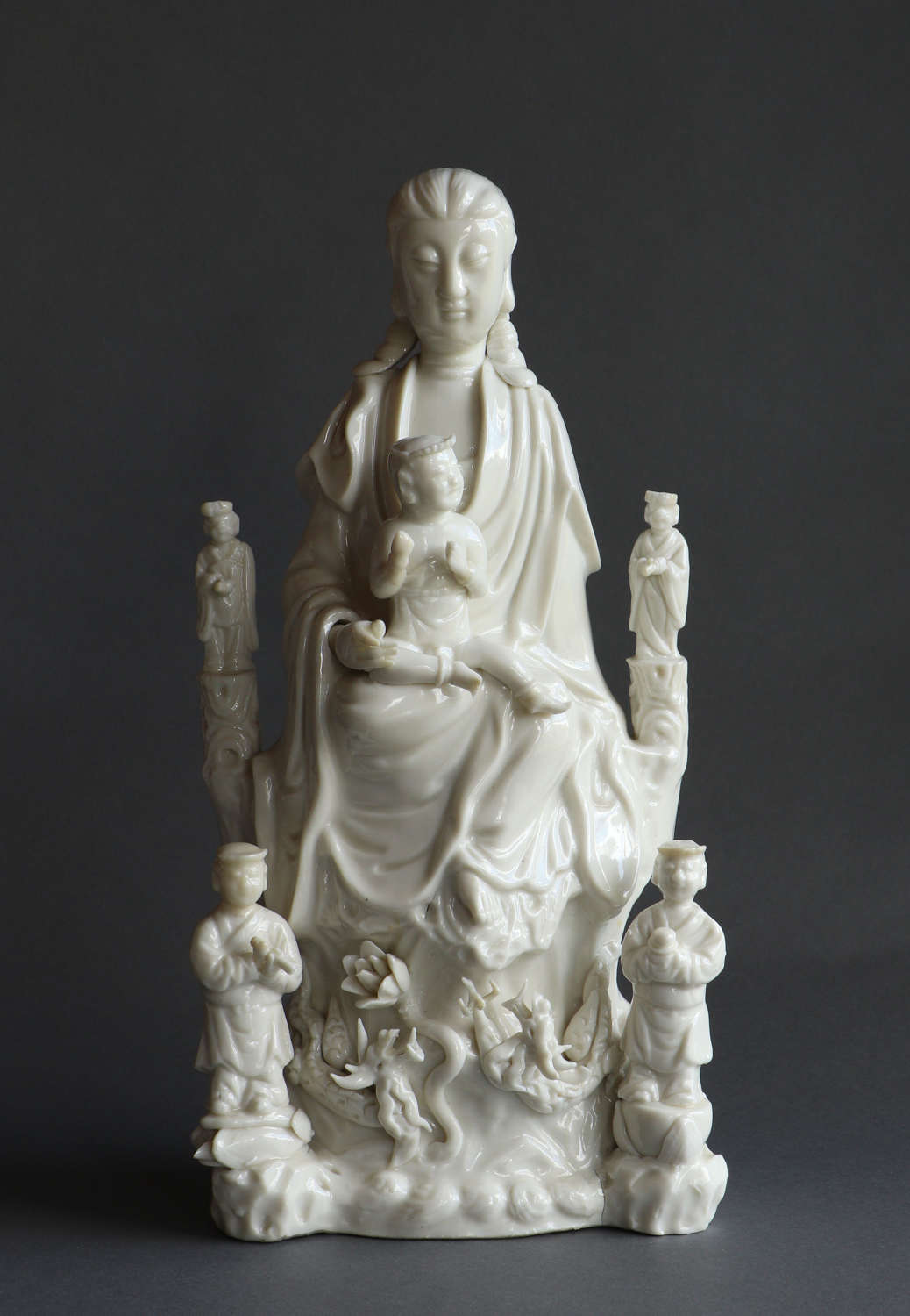 A large and well-detailed C18th Dehua blanc de Chine figure of Guanyin