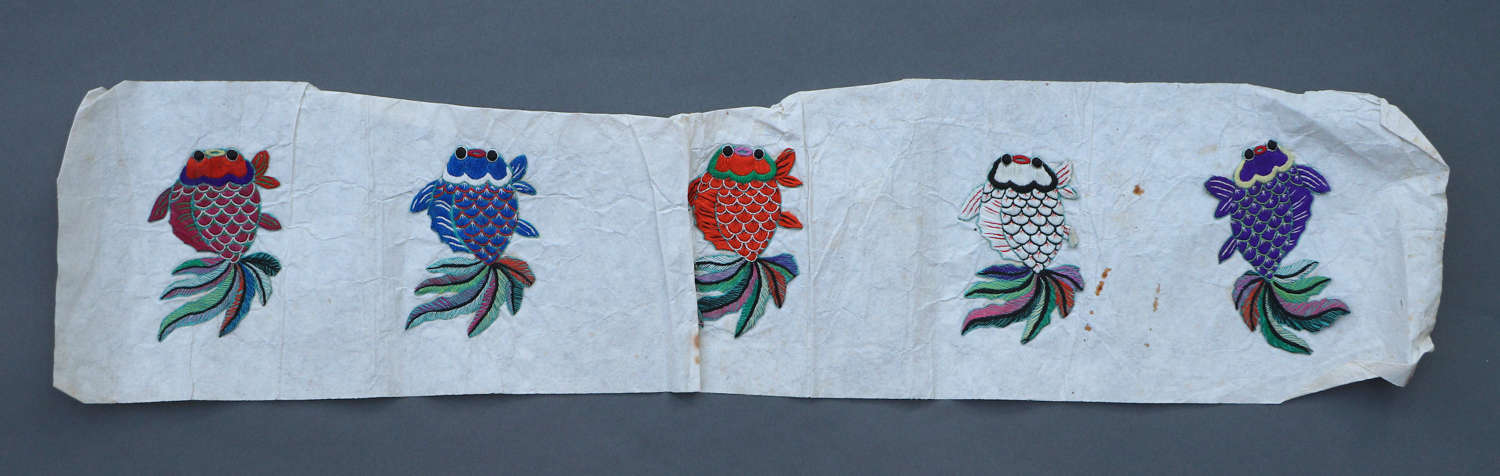 A set of 5 early C20th Chinese silk appliqués of fish