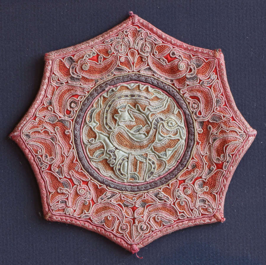 A small framed octagonal Chinese silk embroidery of a phoenix, C19th